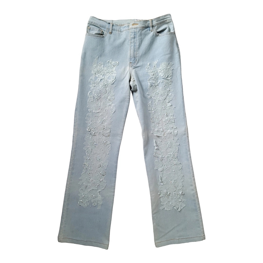 Vintage Lace Sequin Pearl Applique Straight Fit Jeans, Light Wash, Size 8